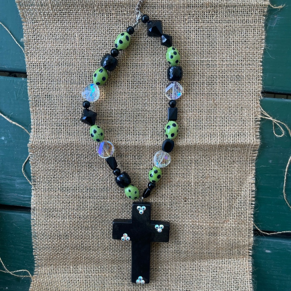 Black and Green Beaded Cross Necklace